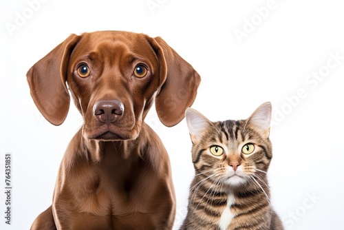 Cat and dog looking in the camera on a white background - generative ai