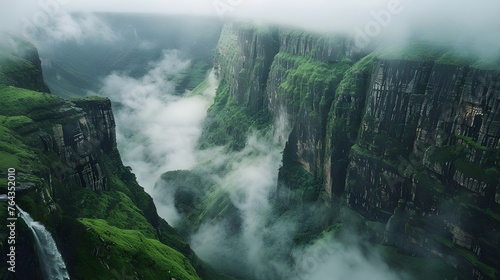 Green valley under a cloudy sky. Misty green valley in the mountain with a mountain river at the bottom of the canyon.