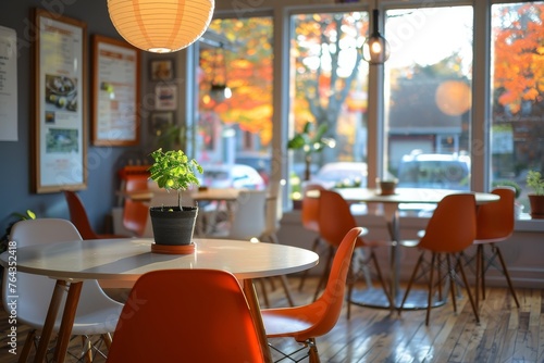 Modern cafe interior with orange chairs, wooden tables, pendant lamp, potted plant and warm sunlight filtering through