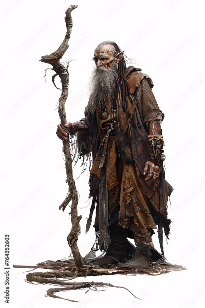 elder of a forest tribe, standing tall and commanding with a weathered staff in hand isolated on white background elder of a forest tribe, standing tall and commanding with a weathered staff in hand isolated on white background