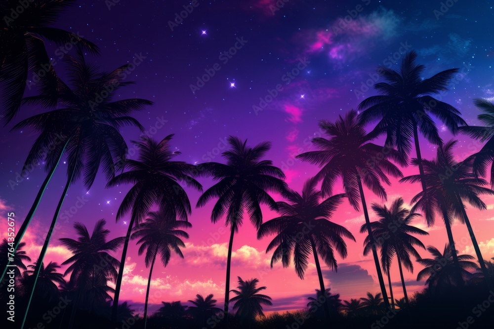 Neon lit palm trees against a night sky