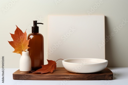 Natural skincare mockup with fall leaves, organic products, and a wooden tray