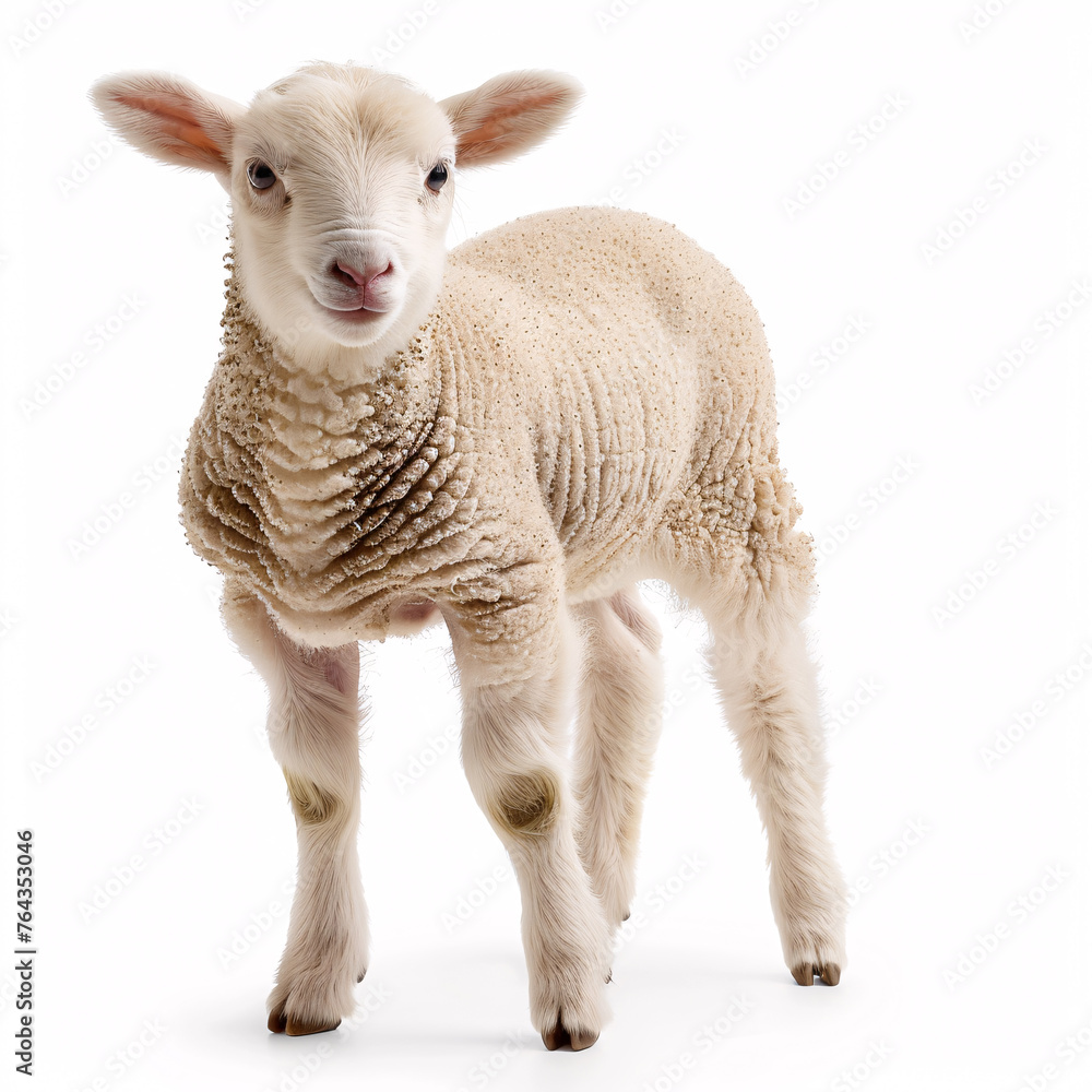 Fototapeta premium young lamb, standing with an endearing expression, looking directly at the viewer isolated on white background