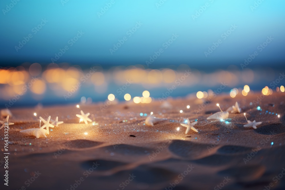Colorful group of starfish resting on a sandy beach - obrazy, fototapety, plakaty 