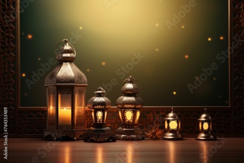 Traditional Arabian lamps and Islamic calligraphy for Mawlid celebration © KerXing
