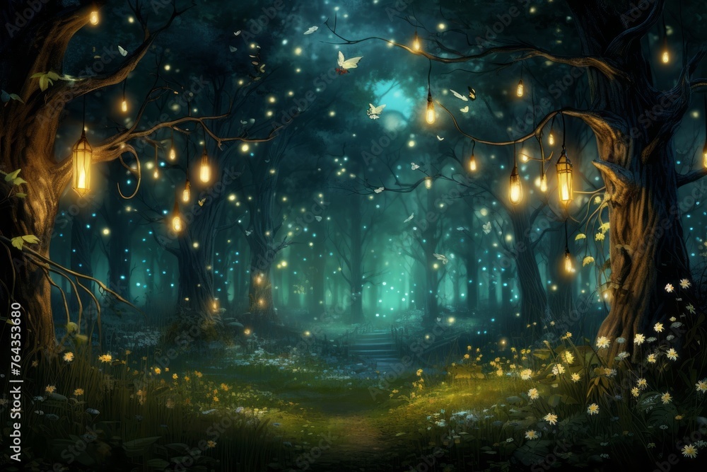 Whimsical and enchanting wallpaper background with floating fireflies in a magical forest