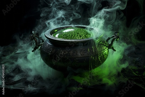 Witch's cauldron emitting green smoke.