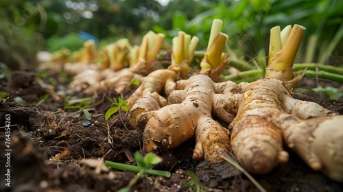 Ginger Zingiber officinale roots on ground , nature bio ginger harvest
 photo