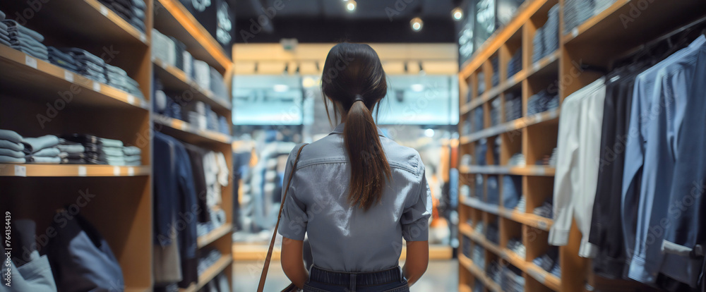 Fototapeta premium Rearview of the young woman in apparel clothing store or fashion boutique looking at jeans and shirts. Retail wardrobe accessories, garment department, consumerism purchase buy concept, copy space