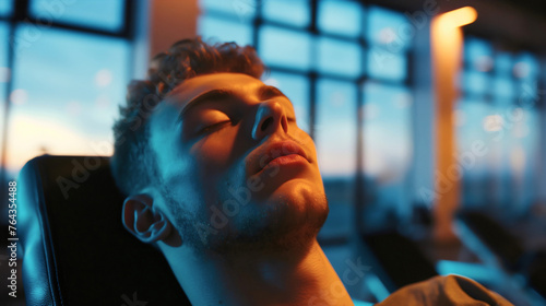 Closeup of the young man sleeping on the bench in the gym interior. Tired male athlete resting and recovering from workout training, exhausted and lazy, taking a break, lack of energy, fatigue