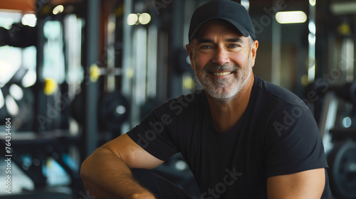 A handsome middle aged man with beard in his 50s wearing a black t shirt and cap sitting in a modern gym interior smiling at the camera. Healthy fitness workout and training lifestyle, copy space