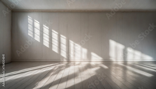 White wall background with minimalist abstract wooden floor for product presentation with sun shadow 