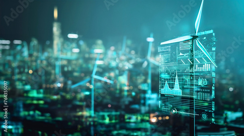 Windmills or wind turbines digital display screen technology dashboard, futuristic ecology environment statistics and analytics. Energy saving, clean electricity power generator, sustainable city