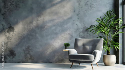 Comfortable gray armchair next to the houseplant, daytime sunlight coming through the window, grey textured wall in the background, copy space. Modern furniture minimalism, copy space, nobody, empty
