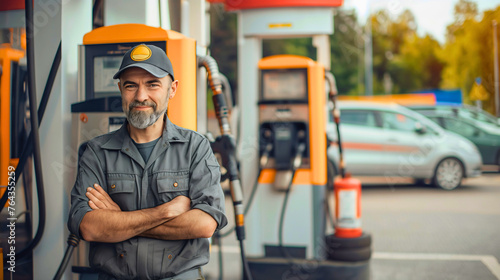 Middle aged gas station worker or employee, man with the beard wearing gray uniform and a cap, looking at the camera and smiling. Modern car and petroleum fuel pump behind, copy space