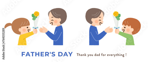 父の日に黄色いバラの花をプレゼントする子供のイラスト素材