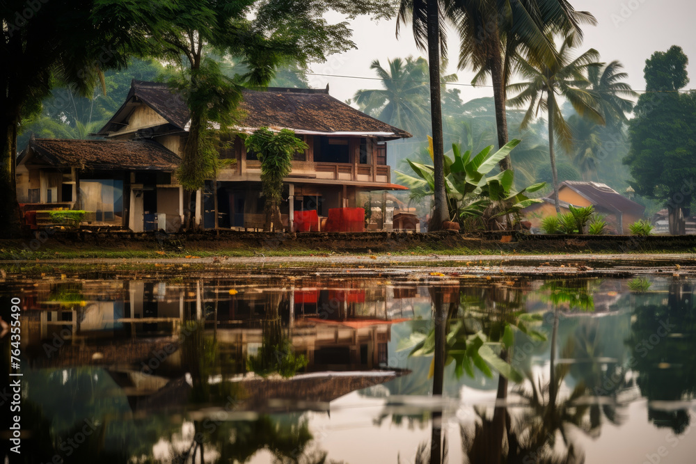 Traditional Vietnamese village by picturesque pond with reflected house, Asia travel Traditional Vietnamese village by picturesque pond with reflected house, Asia travel