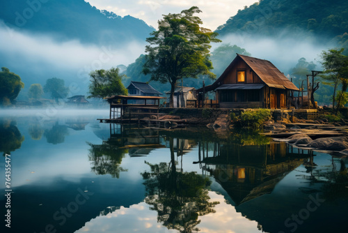 Vietnamese house near misty lake in picturesque mountain valley, bamboo tree, early morning lighting photo