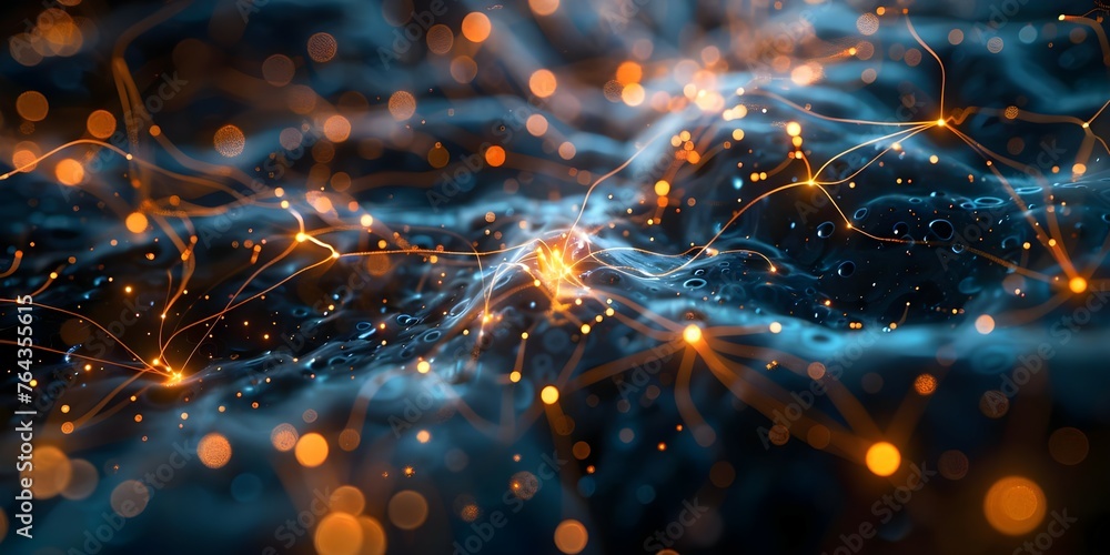 A mesmerizing depiction of neural network connections firing in the brain. Concept Neural Networks, Brain Connections, Mesmerizing Depiction, Firing Neurons - obrazy, fototapety, plakaty 