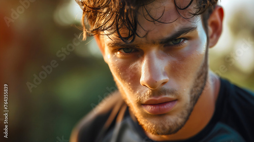 Closeup of sweaty athlete looking at camera with serious face expression, outdoor hot sunny summer day workout training lifestyle. Young man running jogging outside, cardio exercise fitness,copy space
