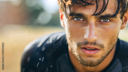 Closeup of sweaty athlete face looking at camera with serious face expression, outdoor hot sunny summer day workout training lifestyle. Young man running jogging outside, cardio exercise fitness