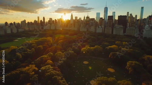 Aerial Helicopter Photo Over Central Park with Nature, Trees, People Having Picnic and Resting on a Field Around Manhattan Skyscrapers Cityscape. Beautiful Evening with Warm Sunset Ligh