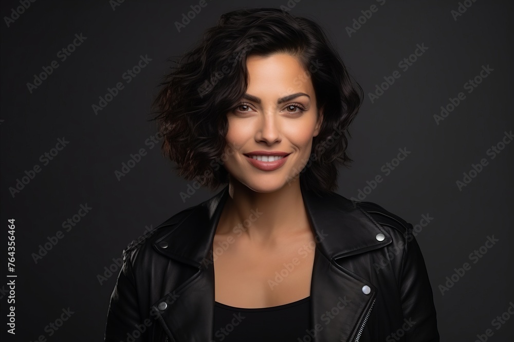 Portrait of a beautiful brunette woman in black leather jacket.