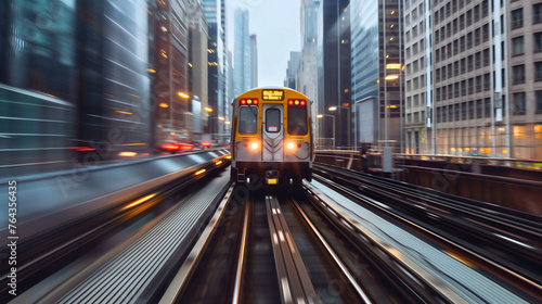 Rapid fast speed express city train on railway blurred in motion travel transport with tall city buildings or skyscrapers in the background, rush scene, daytime business metro, copy space for text