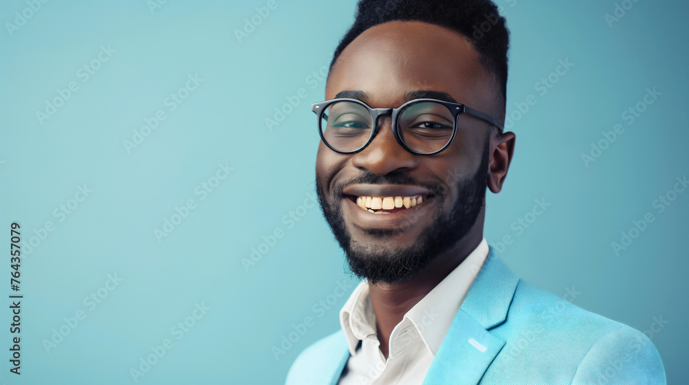 Closeup studio portrait of a handsome young happy black skinned African American businessman wearing a light blue suit and eyeglasses, smiling and looking at the camera. Copy space for text, success Closeup studio portrait of a handsome young happy black skinned African American businessman wearing a light blue suit and eyeglasses, smiling and looking at the camera. Copy space for text, success