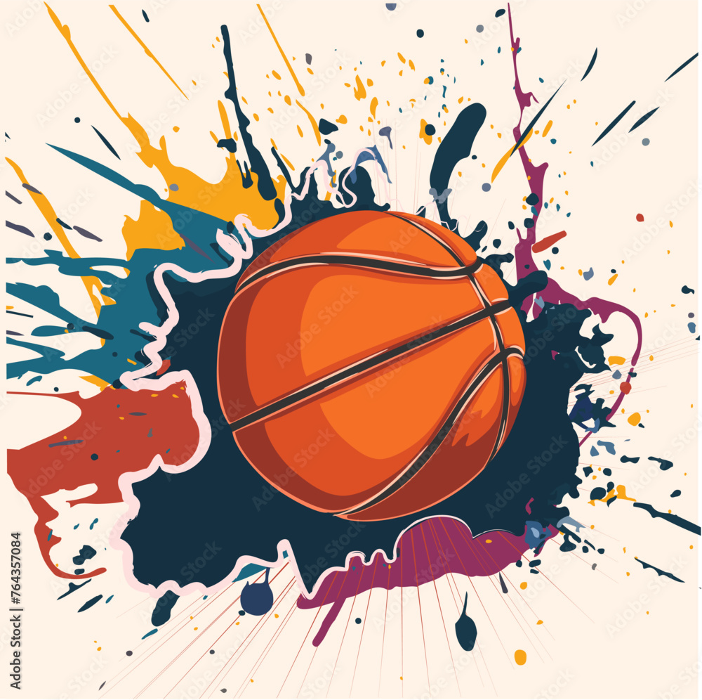 Vector illustration of a basketball in paint splatter, with dynamic bright background, flying basketball, energy all around