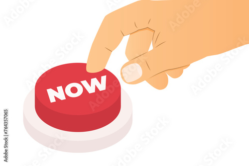 hand pressing now button; concept of decisive action taken in the present moment, immediate response or action- vector illustration