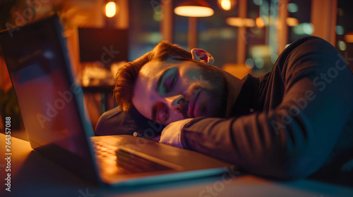 Young man sleeping at night or in the evening next to the laptop notebook computer. Tired and overworked businessman, exhausted employee resting and napping on desk, freelancer fatigue relaxation