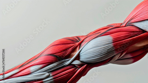 Closeup of a muscular man arm muscles anatomy on the body. Biceps, forearm and shoulder fibers, red and white tissue. Strong sporty athlete structure, bodybuilder power, isolated on grey background photo