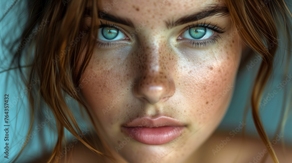 Vivid blue-eyed young woman with freckles portrait Vivid blue-eyed young woman with freckles portrait