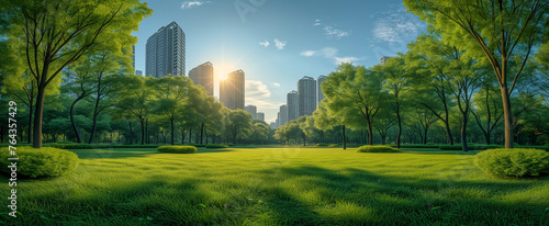 Urban oasis green park amidst city skyscrapers at sunrise #764357429