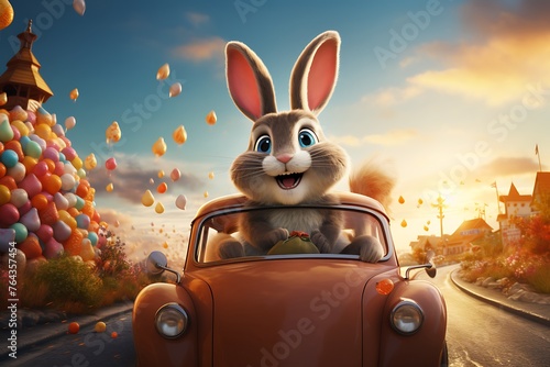 Easter bunny on car with colorful eggs on grass, Happy Easter day