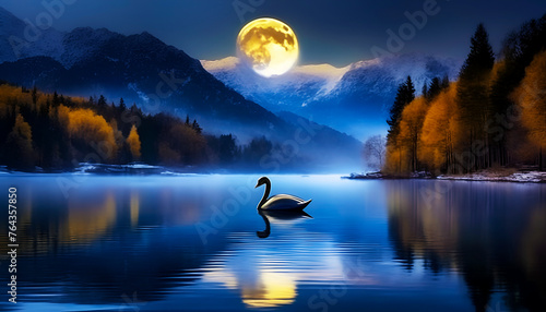 Fantasy landscape with full moon, forest, river, swan, night view, reflation on water, Wall Art Poster Print Design for Home Decor, Decoration Artwork, Wallpaper & Background for Computer photo