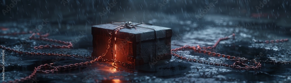 A gift box bound in chains watched over by a brooding devil - obrazy, fototapety, plakaty 