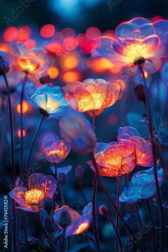 A garden where every flower emits its own soft glowing light
