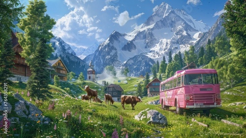 A pink bus in the middle of an alpine meadow with cows grazing green grass and mountains behind it. In front, one cow is eating grass, the rest are visible on both sides. Picturesque scene. photo
