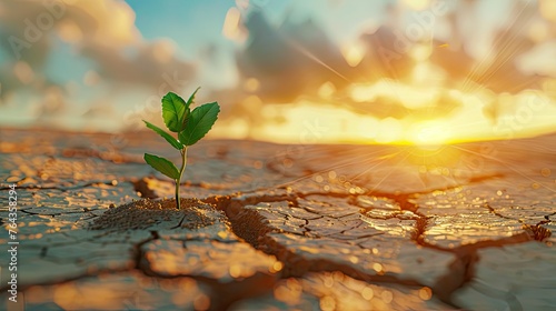 A small green sprout pushing through cracked ground in an arid desert symbolizes hope and growth amidst environmental challenges. In the background are vast deserts under a sunset sky. photo