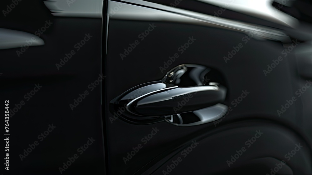 Close-up of a car door handle, black in color, with a minimalist design and a glossy finish. The background is dark to highlight details. Close-up of a car door handle, black in color, with a minimalist design and a glossy finish. The background is dark to highlight details.