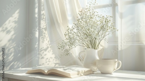 A white ceramic vase with flowers, an open book and a coffee cup on the table against the backdrop of a bright window where sunlight falls, creating beautiful shadows.