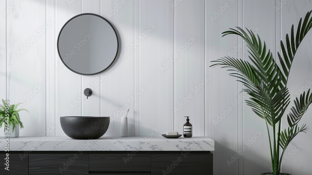 Fototapeta premium Modern Restroom Elevation Mockup: Sleek Sanitary Desig