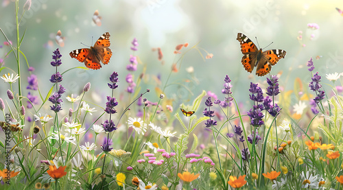 Meadow with flowers and butterflies