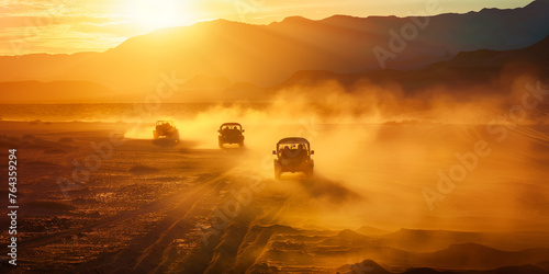 A convoy of off-road vehicles drives through a dusty desert landscape as the sun sets, creating a dramatic and adventurous atmosphere.