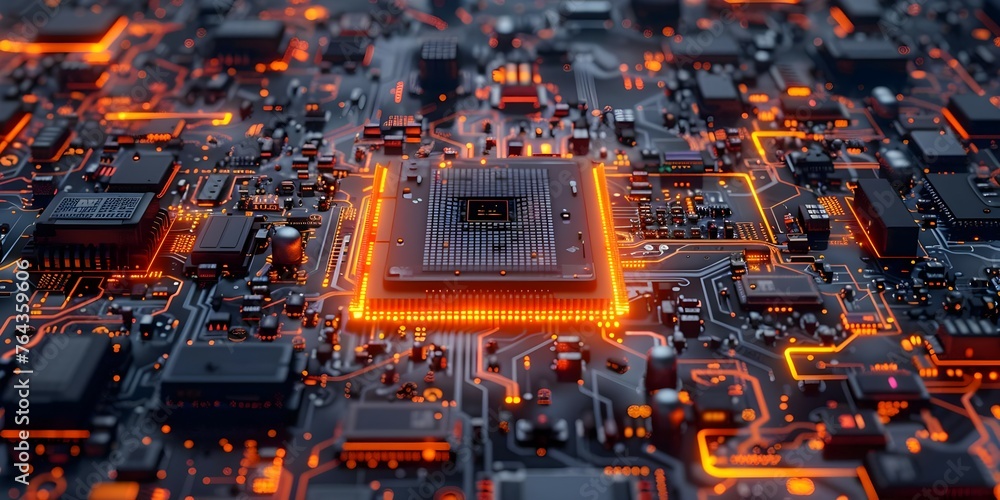 A closeup view of a circuit board with AI components installed. Concept Technology, Artificial Intelligence, Closeup Shots, Circuit Board, Electronics