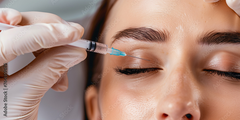 Close-up of a young woman getting a cosmetic botox injection near her eyes, performed by a healthcare professional in a clinical setting. Close-up of a young woman getting a cosmetic botox injection near her eyes, performed by a healthcare professional in a clinical setting.