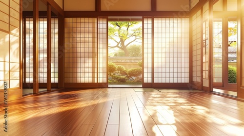 Traditional japanese room with sliding doors and garden view