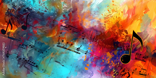  Colorful Music Notes Dancing Across the Score ,Cross of Colorful Music Notes on Musical Sheet ,Music Notes Cross Over a Colorful Score  photo